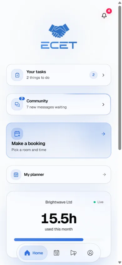 A member's home screen: tasks, community, one-tap booking and live hours for their company
