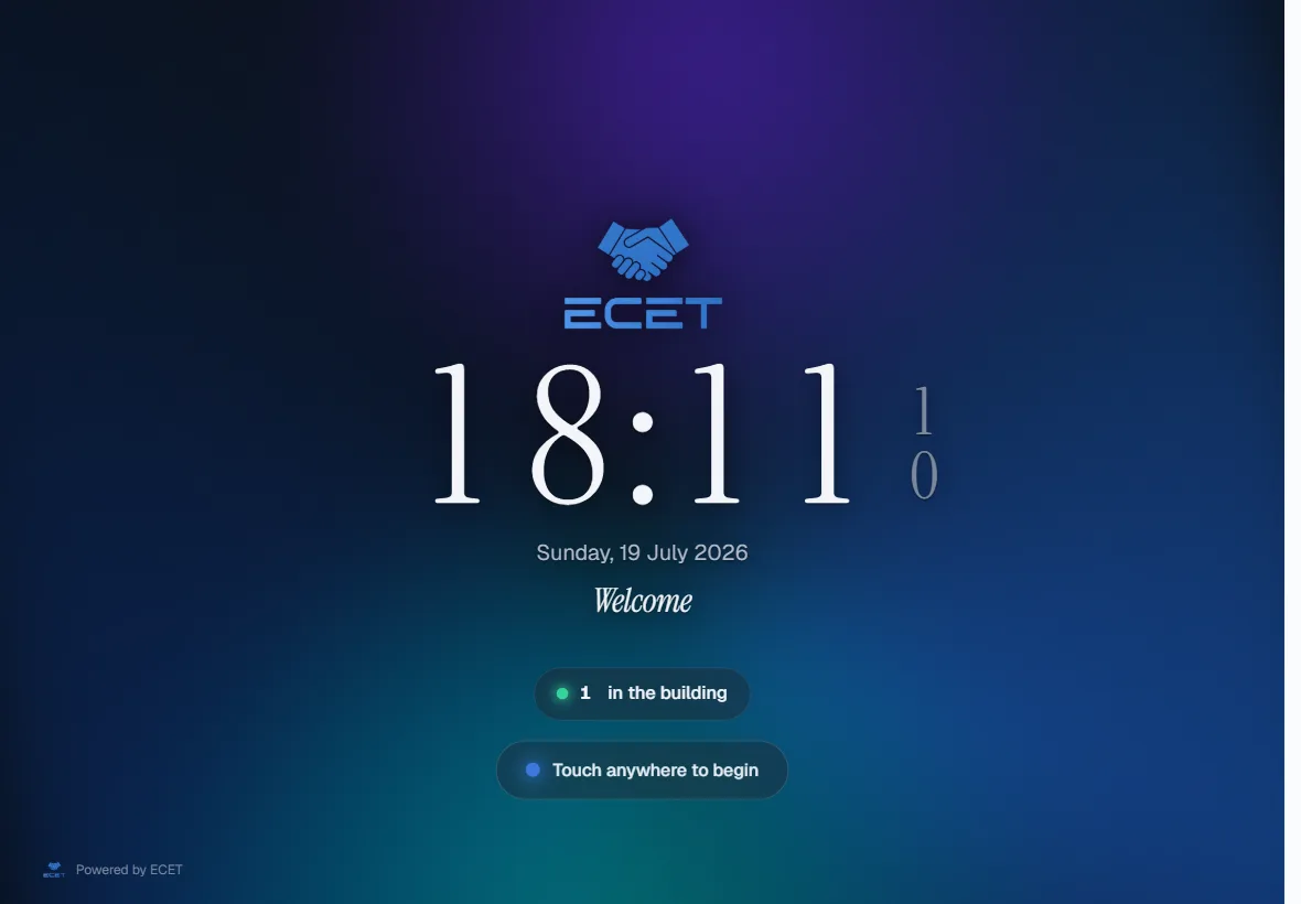 Kiosk idle screen: building logo, clock and a live count of people in the building
