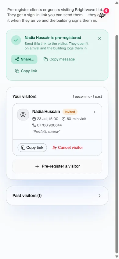 A host's phone after pre-registering a visitor: the sign-in link is ready to share, with Share and Copy buttons