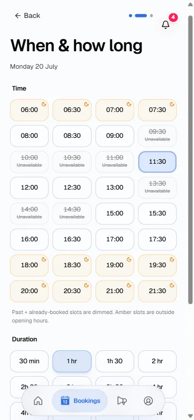 Booking a room: a time grid where already-booked slots are crossed out