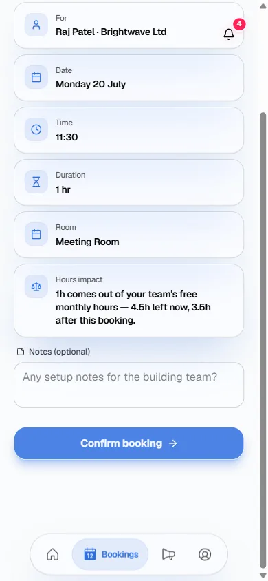 Step three of booking: the review screen shows who, when, which room, and exactly how many free hours the booking uses