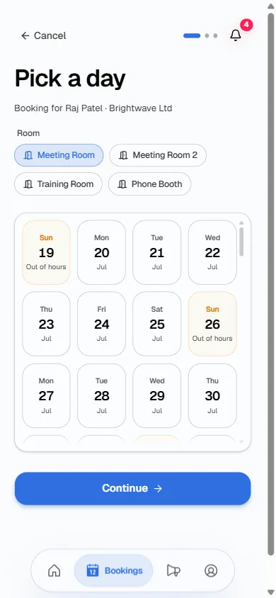 Step one of booking: pick a room from four room buttons, then a day from the calendar strip