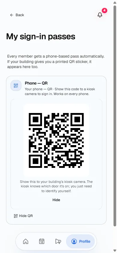 A member's own sign-in pass: a QR code on their phone that refreshes itself automatically