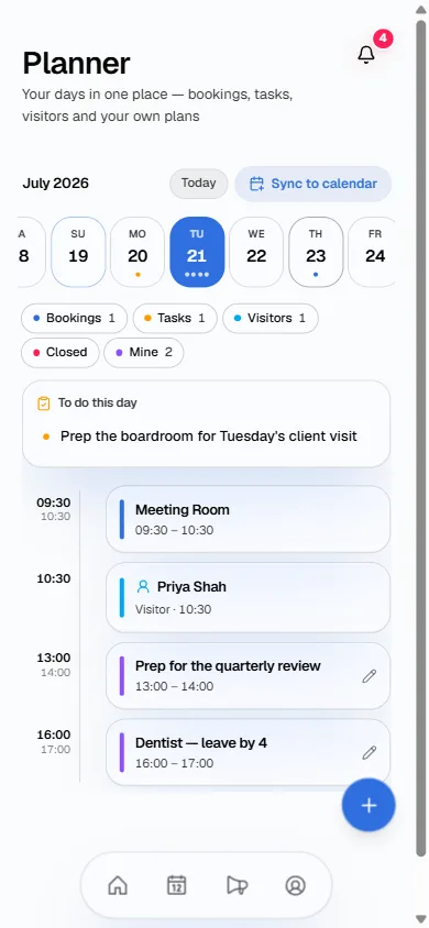 The planner: one day showing a booking, a task, a visitor and personal entries in one timeline