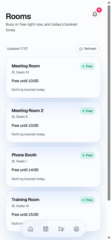 The rooms screen showing each room free or busy right now